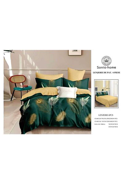 Sonia-home Lenjerie 6 piese bumbac satinat – Sonia Home Damasc Pene Verde Smarald