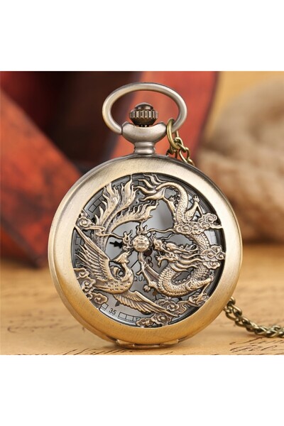 Choice ساعة جيب كوارتز برونزية عتيقة بنقشة تنين مزدوج يلعب بالخرز مع سلسلة قل...