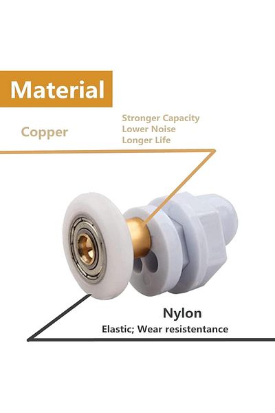 BOEM Set of 4 shower door rollers, Wear-resistant, Diameter 23 mm, Copper/Nylon, White/Grey