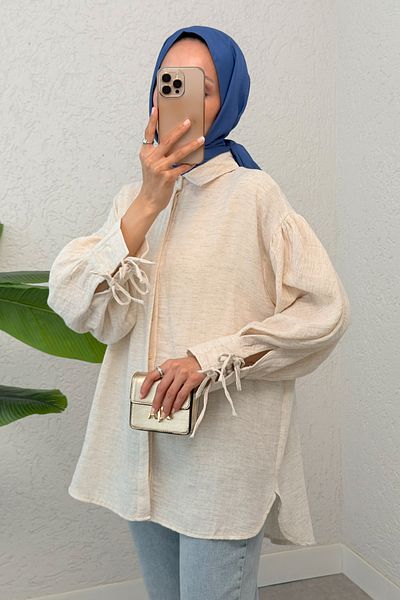 Salih Çelebi Cuff Lace Linen Shirt 2320 - Beige
