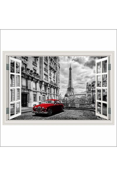 media Fototapet Fereastra Masina rosie, turn Eiffel, retro, 180 x 120 cm