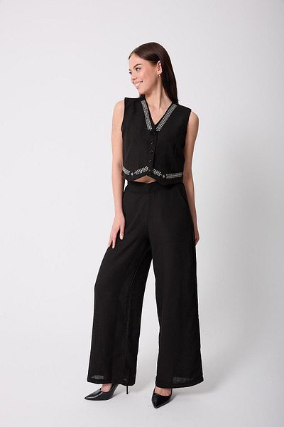 AMİDA Women's Black Muslin Linen High Waist Palazzo Trousers - 2522