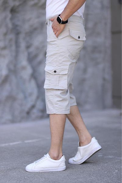 XORVİO Men's Stone Color Slim Fit Capri Lycra Gabardine Bermuda with Side Pockets Below the Knee