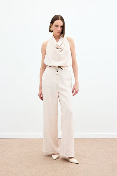 Sateen Knitted Belted Trousers - Beige