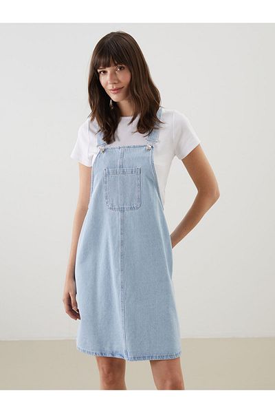 LC Waikiki Brown Square Collar Straight Strap Women's Jean Salopet Dress