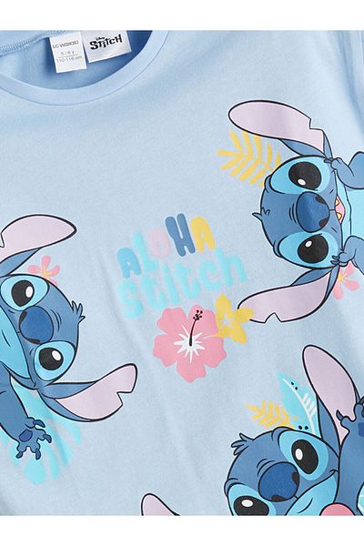 LC Waikiki Blue Crew Neck Stitch Printed Girl's T-Shirt