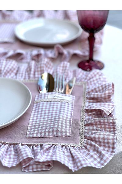 KaiHome Rosy Pocket Raw Linen Checkered Ruffle Detail American Service/ Supla 4PCS