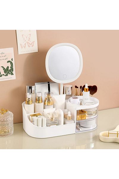 Choice Other 26.5x14.5x10CM White With mirror Makeup Storage Box With Mirror Desktop Dressing Table Makeup