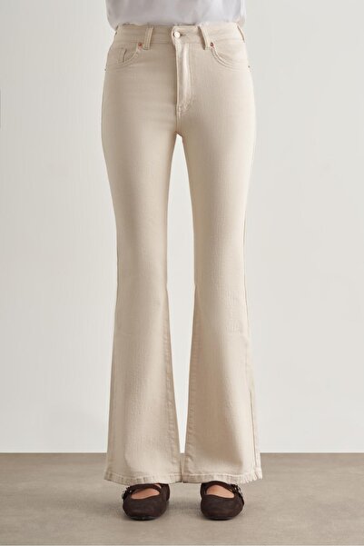 Mizalle Skinny Fit Flare Paça Ekru Denim Pantolon