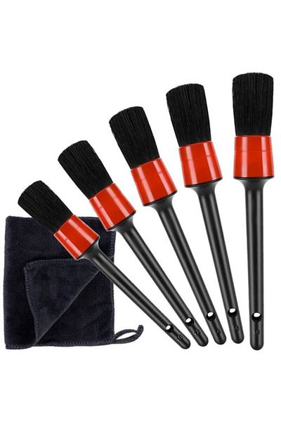 OEM Set of 5 brushes with soft synthetic bristles + microfiber cloth for car detailing