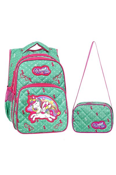 KAFF Green Unicorn Patterned Primary School Bag and Nutrition Girl's Set of 2 Primary School Bags - 24003