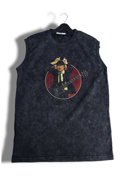 Fuddy Moda Unisex AC DC με στάμπα πλάτης που πλένεται αμάνικο vintage μπλουζάκι