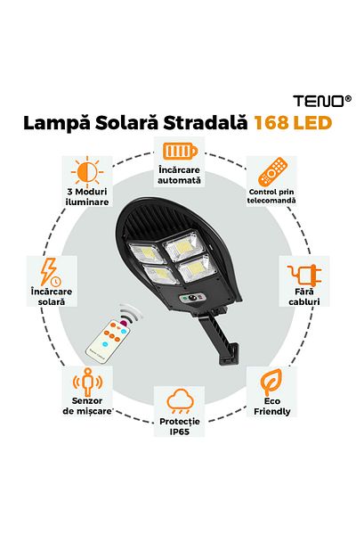 Teno Lampa Solara Stradala 168 LED-uri Teno®, protectie IP65, Waterproof, exterior, negru