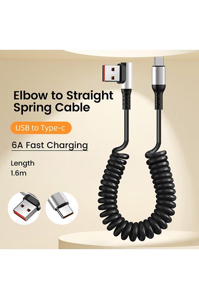 Choice 1.6m Elbow A to Straig C OLAF 6A USB Type C Data Cable 90° Elbow Car USB Spring PD Fast Charging Cab