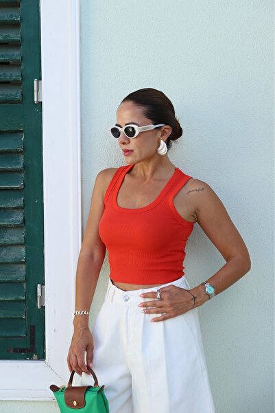 Purple by Banu قميص داخلي مضلع برقبة على شكل حرف U باللون البرتقالي