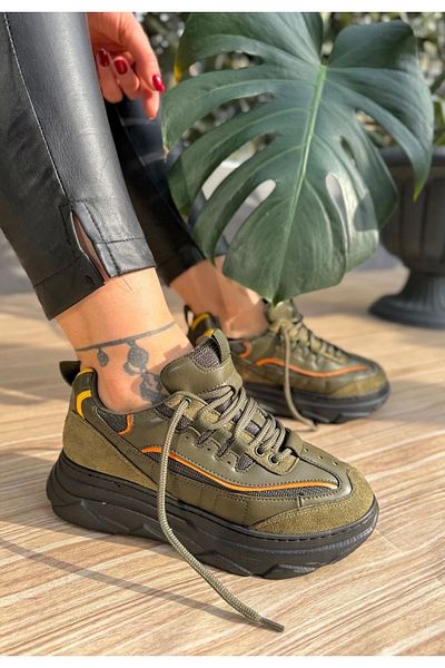 BellevieStore Imkea Green Suede Sneakers with Orange Detail