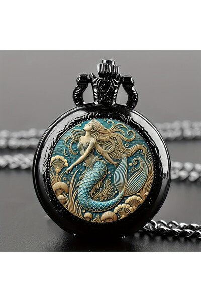 Choice ساعة يد سوداء بتصميم حورية البحر عتيقة رائعة مع قلادة، تعمل بحركة كوار...