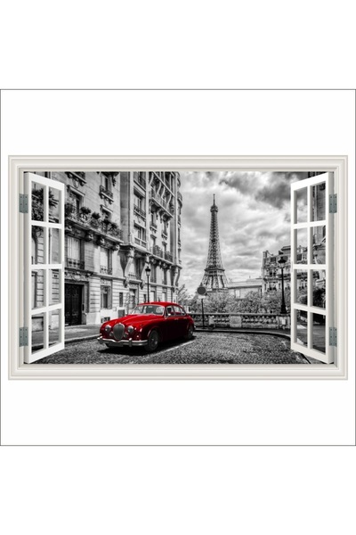 media Fototapet autocolant Fereastra Masina rosie, turn Eiffel, retro, 180 x 120 cm