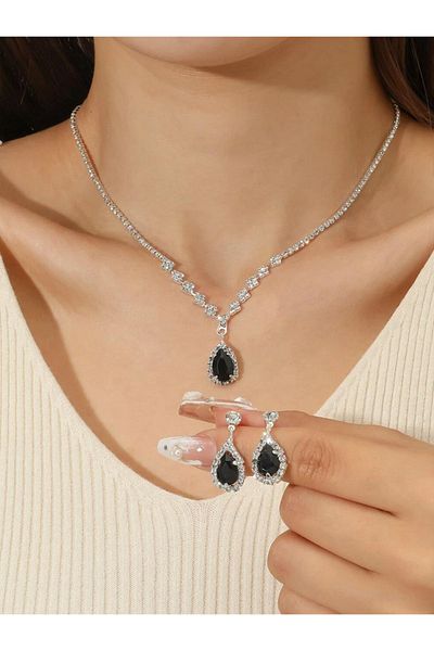 Choice ZT4055-Black 3 pieces of women's fashionable diamond water droplet necklace with earrings set, banqu