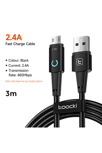 Toocki كابل مايكرو يو إس بي أسود من توكي بطول 3 أمتار لهاتف S10، يدعم الشحن ا...