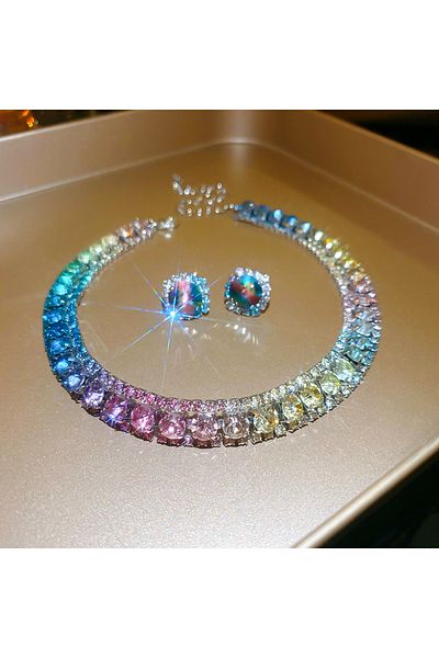 Choice Colorful 2pcs Emerald Square Earrings Necklace for Women Shining Rhinestone Trendy Versatile High-en