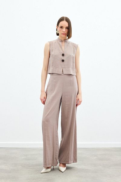 Sateen High Waist Linen Trousers - Mink