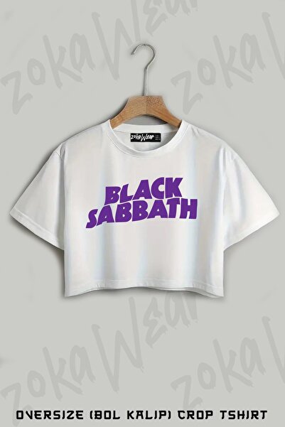 ZOKAWEAR Black Sabbath Logo Purple Printed Oversize Crop T-Shirt