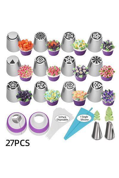 Choice 27PCS 27PCS Cake Russian Piping Nozzles Set Professional Stainless Steel Marshmallow Pastry Nozzles