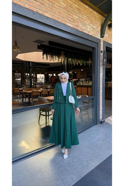 moda zeynaa Pile etek detaylı düğmeli ceket ikili takım