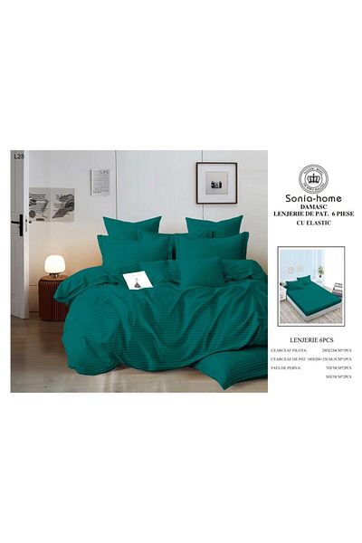 Sonia-home 6-piece satin cotton linen set with elastic – Sonia Home Damask Dark Green