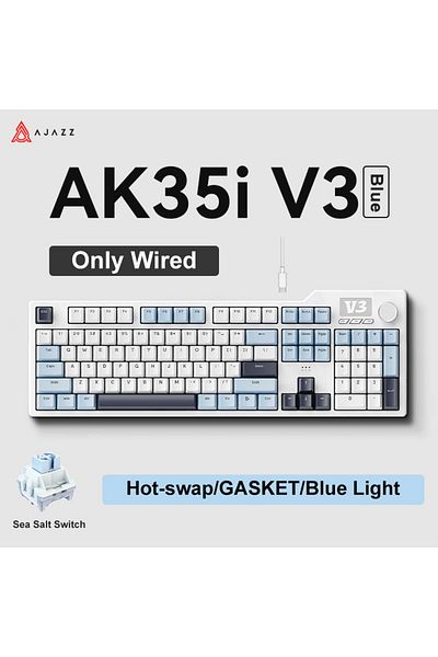Ajazz حشية لوحة مفاتيح الألعاب اللاسلكية Ajazz AK35I V3 MAX ثلاثية الأوضاع، سلكية، رمادية، ملح البحر، جديدة