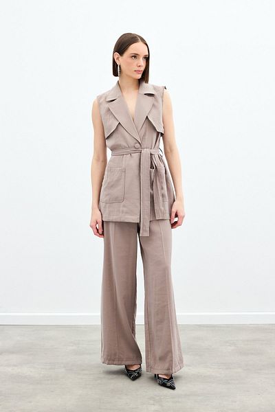Sateen Long Vest with Belt - Mink
