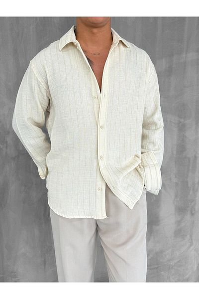 ablukaonline Ανδρικό ριγέ πουκάμισο Oversize Μπεζ