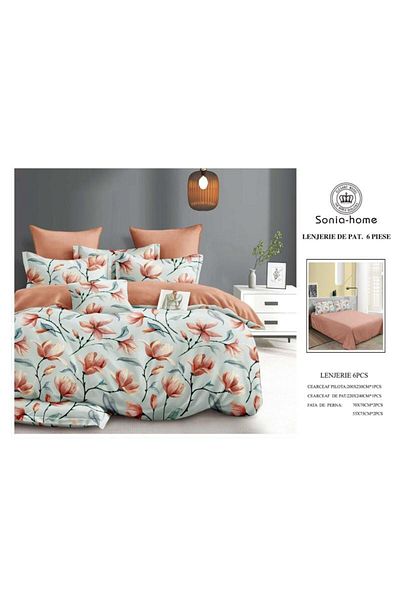 Sonia-home 6-piece satin cotton bedding set – Sonia Home Damask Magnolia Salmon