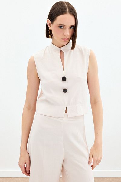Sateen Blouse with Ornamental Button Detail - Stone