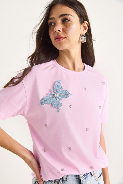 Bianco Lucci Women's Butterfly Accessory Stone Embroidered Short Sleeve T-Shirt 60602036