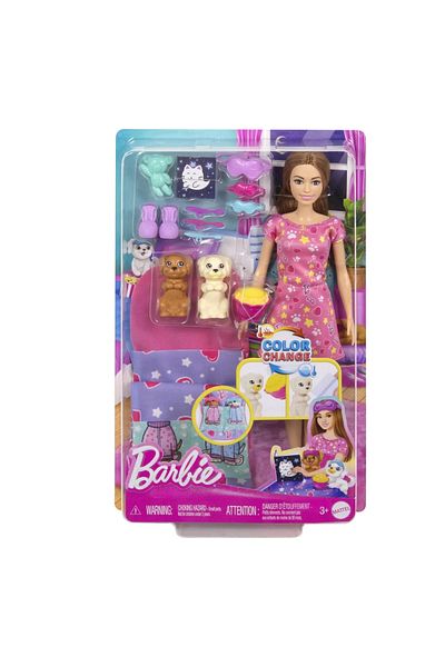 Barbie BARBIE FAMILY DOLL PARTY SET WITH 2 PUPPIES COLOR CHANGE