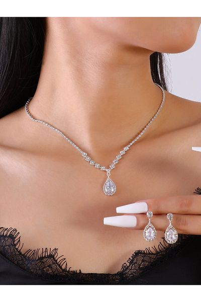 Choice ZT4055-Silvery 3 pieces of women's fashionable diamond water droplet necklace with earrings set, ban