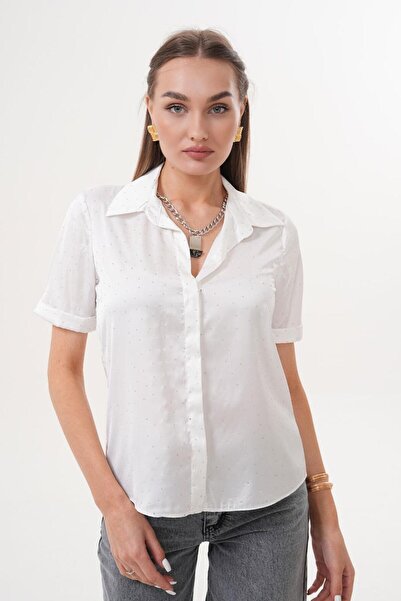 Flame İstanbul Butik Κοντό πουκάμισο με διπλό μανίκι από πέτρα σατέν λευκό ESY9930