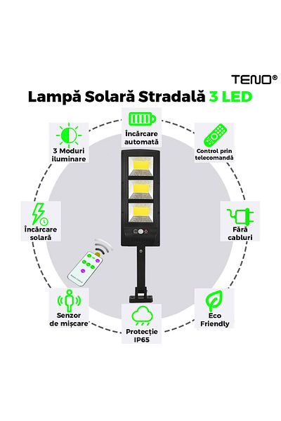 Teno Lampa Solara Stradala 3 LED-uri Teno®, protectie IP65, Waterproof, exterior, negru