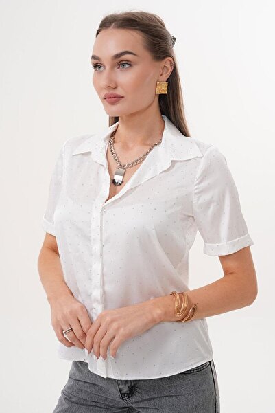 Flame İstanbul Butik Κοντό πουκάμισο με διπλό μανίκι από πέτρα σατέν λευκό ESY9930