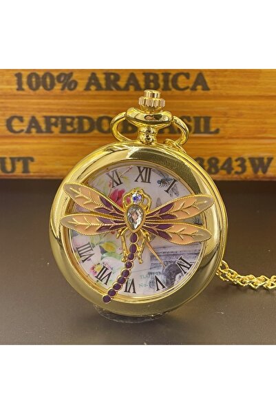 Choice ساعة جيب كوارتز ذهبية أنيقة بتصميم ثلاثي الأبعاد على شكل طائر اليعسوب ...