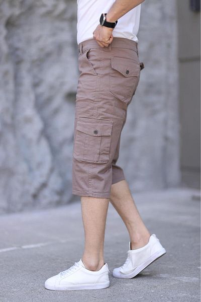 XORVİO Men's Brown Slim Fit Capri Lycra Gabardine Bermuda with Side Pockets Below the Knee
