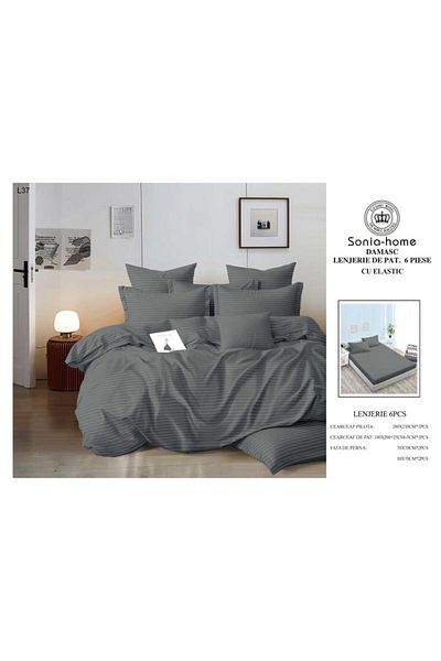 Sonia-home 6-piece satin cotton linen set with elastic – Sonia Home Damask Dark Grey