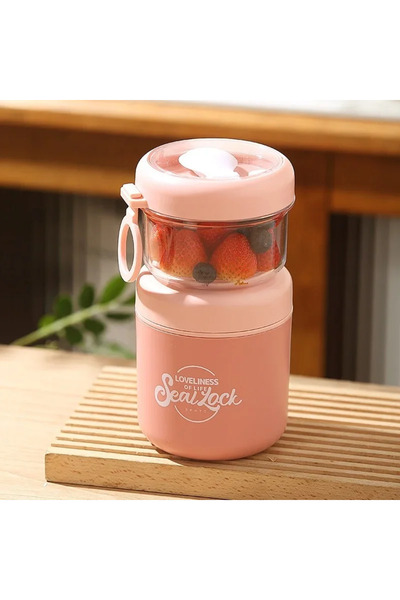 Choice 2 Pink Double Layer Salad Cup Oatmeal Soup Cups with Spoon Stainless S...