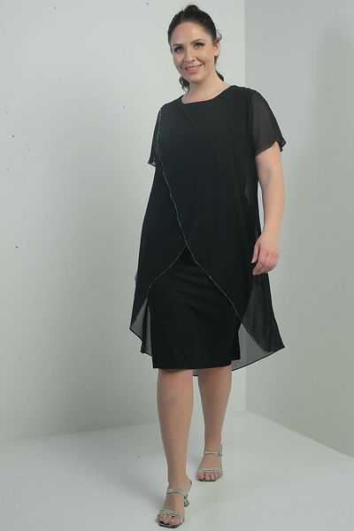 By Saygı Women's Chiffon Top with Stone Detail Lycra Plus Size Glitter Dress