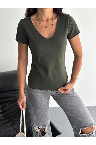 YUSUF CAN KARATAŞ KARATAŞ GİYİM Women's Premium Modal V-Neck Basic T-Shirt - Soft Textured, Stretchy Fit, Suitable for Casual & Stylish Combinations