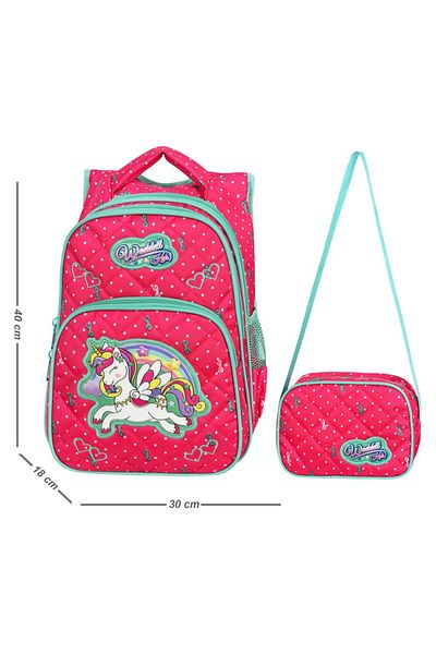 KAFF Pink Unicorn Patterned Primary School Bag and Nutrition Girl's Set of 2 Primary School Bags - 24005