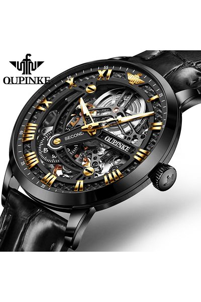 Choice Black gold OUPINKE 3173 Original Leather Strap Automatic Hollow Mechanical Wristwatch for Men Chrono