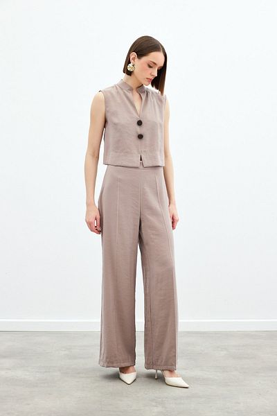 Sateen High Waist Linen Trousers - Mink